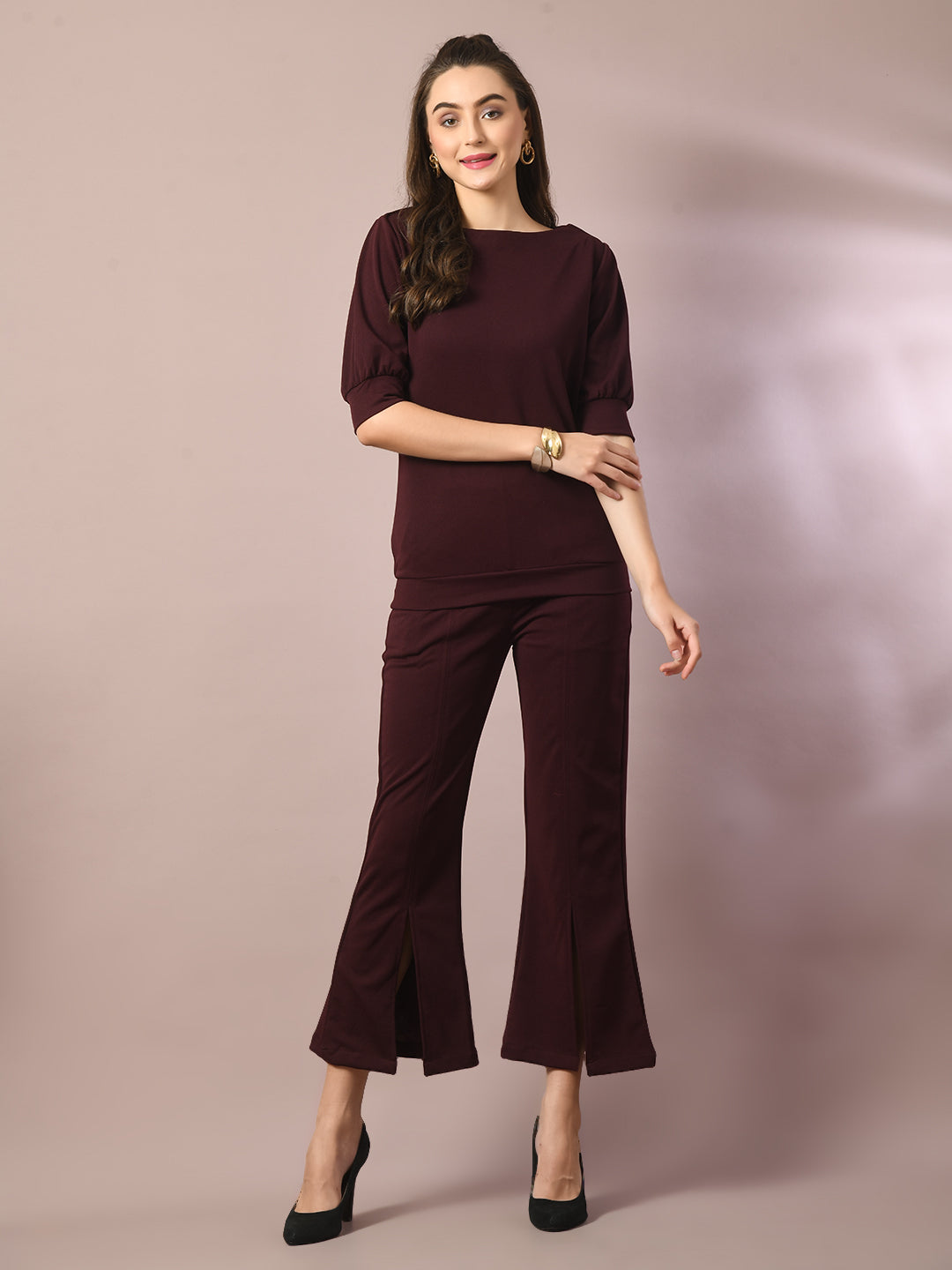Women's  Coffee Brown Solid Boat Neck Party Top