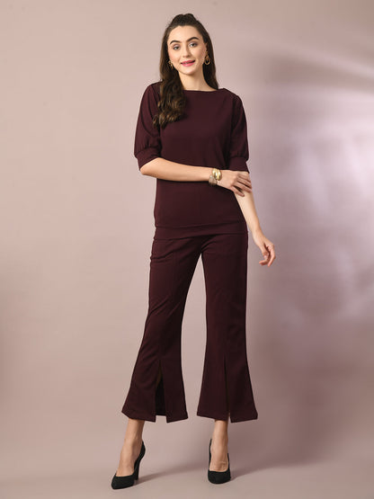 Women's  Coffee Brown Solid Boat Neck Party Top
