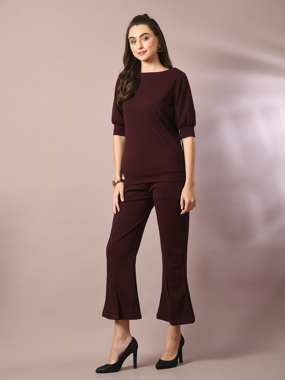 Women's  Coffee Brown Solid Boat Neck Party Top