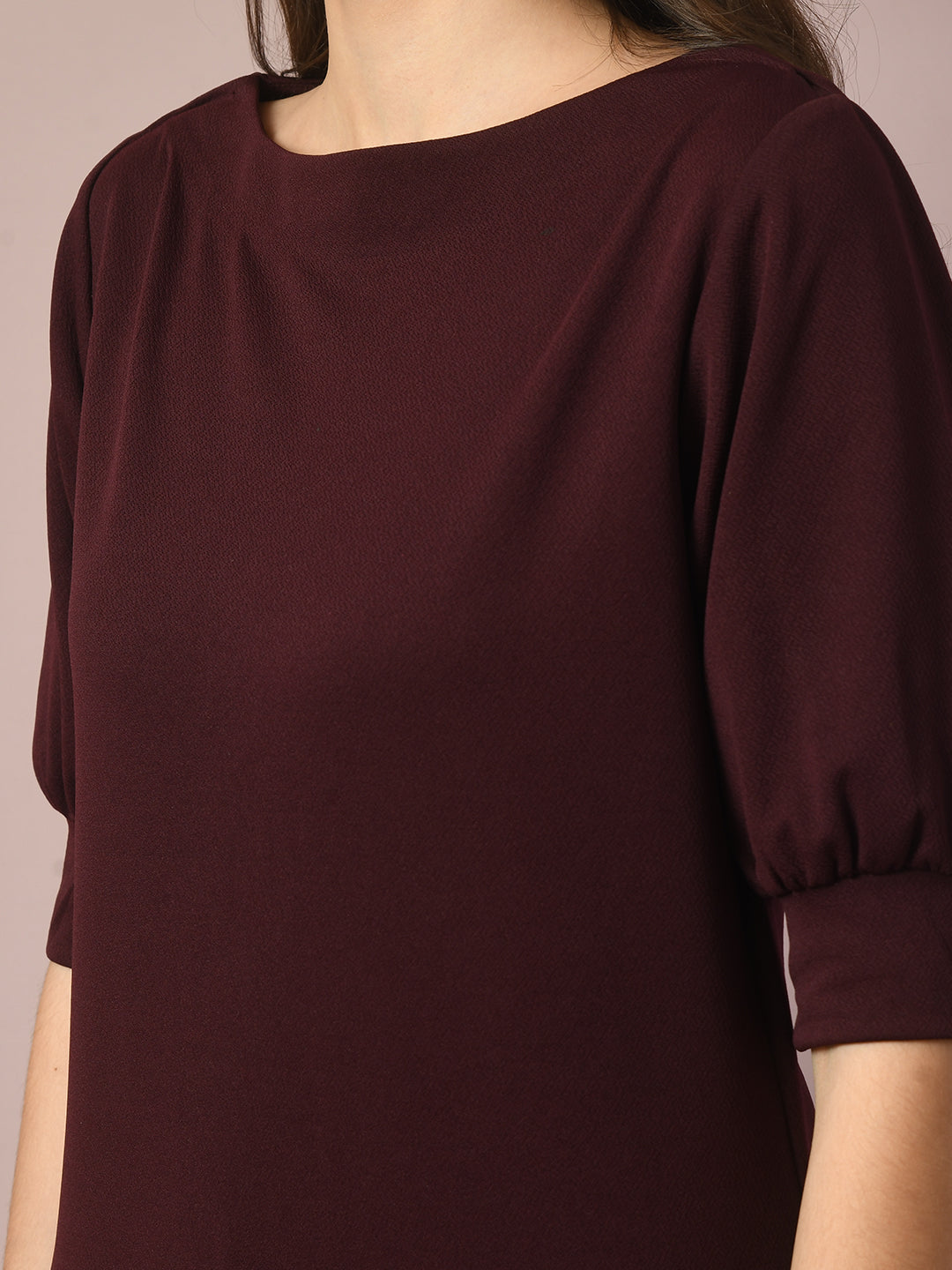 Women's  Coffee Brown Solid Boat Neck Party Top