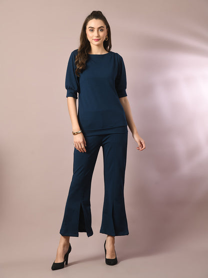 Women's  Blue Solid Boat Neck Party Top