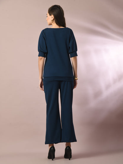 Women's  Blue Solid Boat Neck Party Top