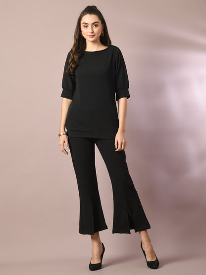 Women's  Black Solid Boat Neck Party Top
