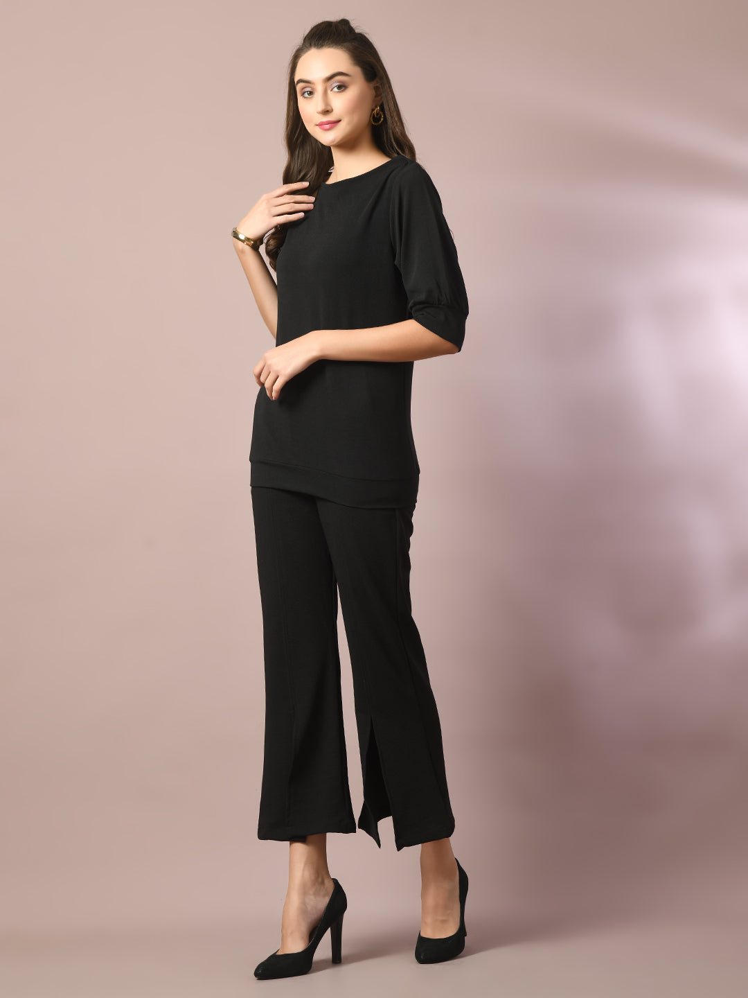 Women's  Black Solid Boat Neck Party Top