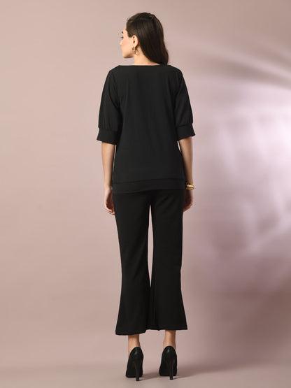 Women's  Black Solid Boat Neck Party Top