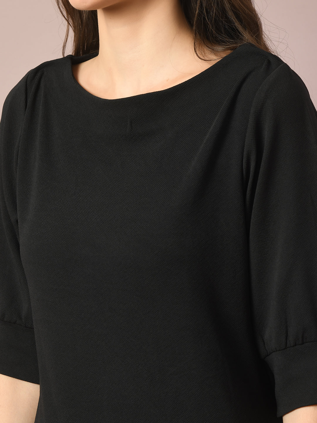 Women's  Black Solid Boat Neck Party Top