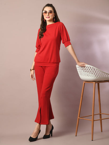 Women's  Red Solid Boat Neck Party Top