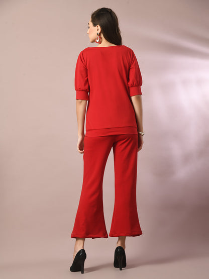 Women's  Red Solid Boat Neck Party Top