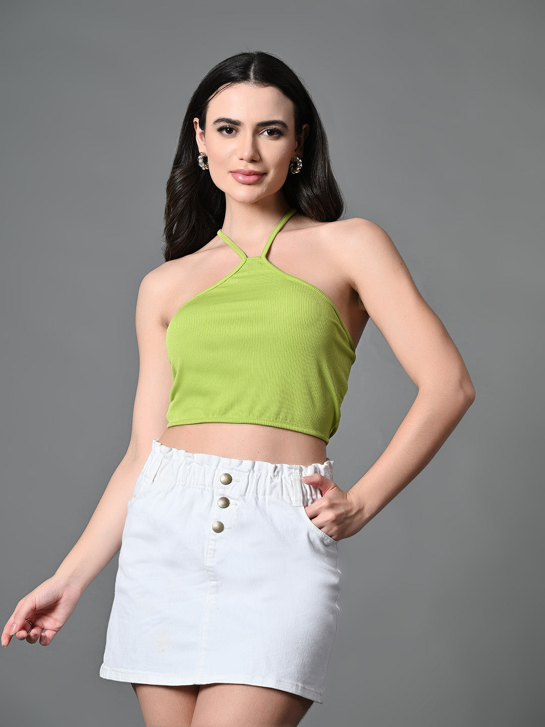 Women's Green Ribbed Solid Casual Top