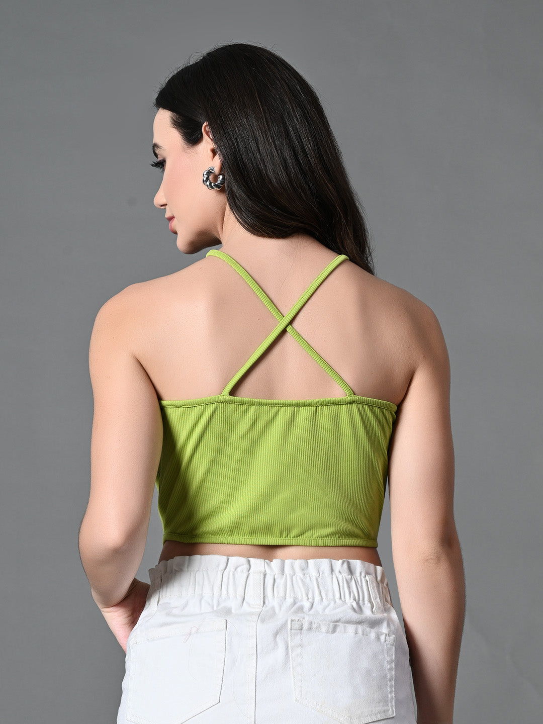 Women's Green Ribbed Solid Casual Top