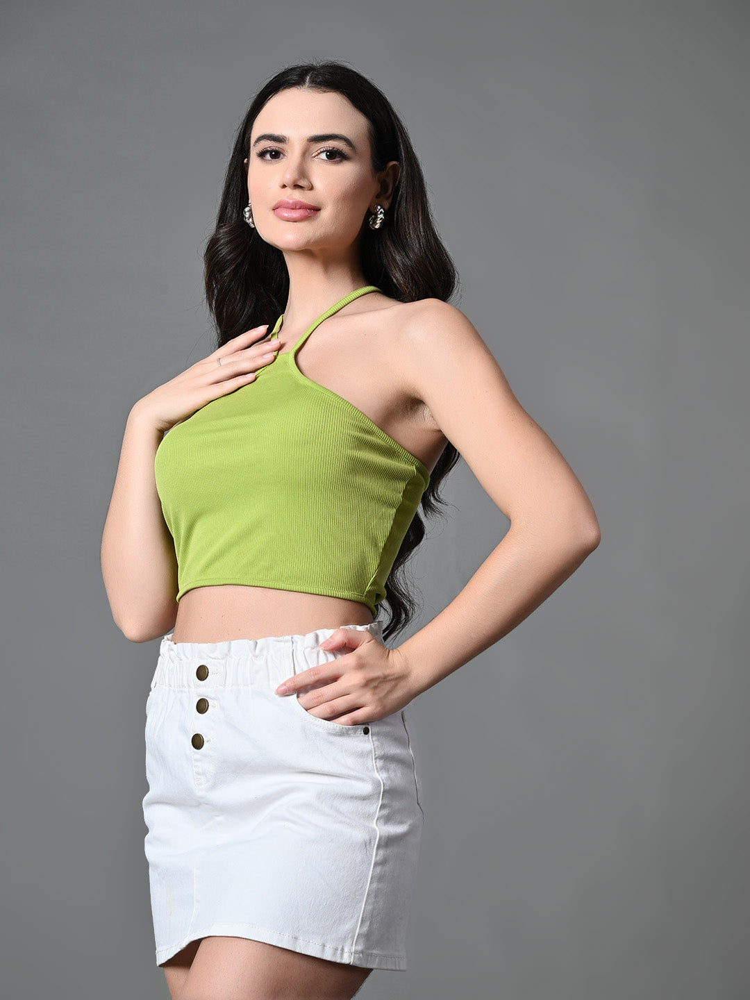 Women's Green Ribbed Solid Casual Top