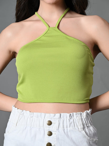 Women's Green Ribbed Solid Casual Top