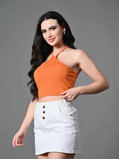 Women's Orange Ribbed Solid Casual Top