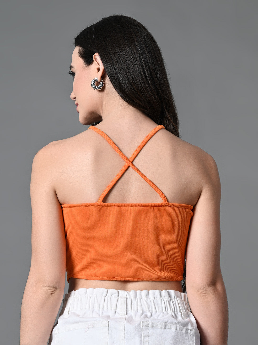 Women's Orange Ribbed Solid Casual Top