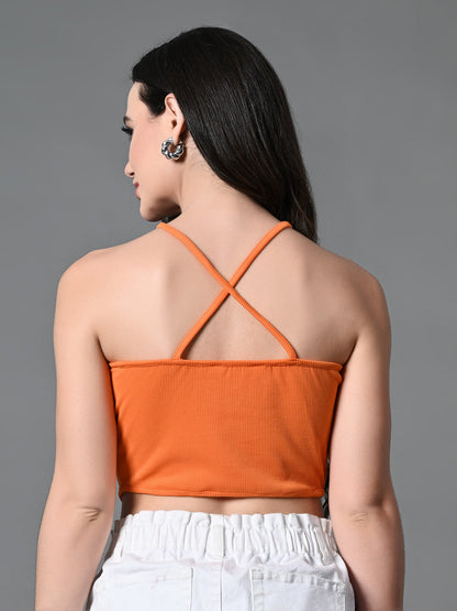 Women's Orange Ribbed Solid Casual Top