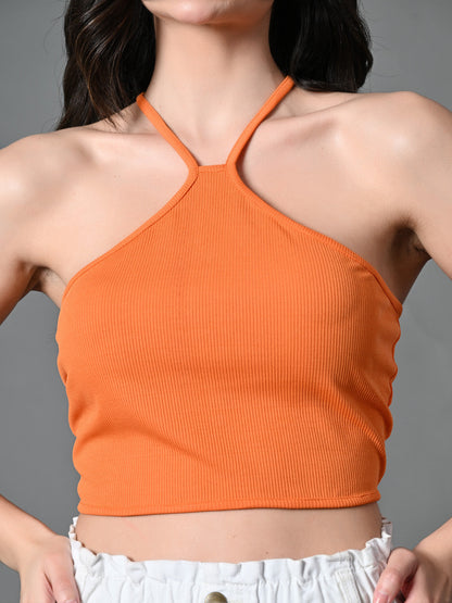 Women's Orange Ribbed Solid Casual Top
