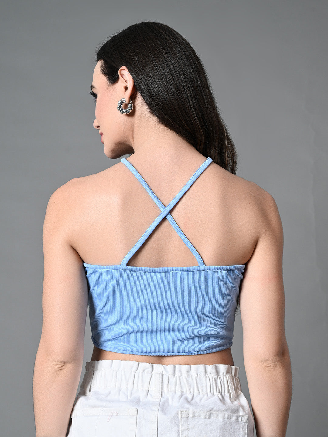 Women's Blue Ribbed Solid Casual Top