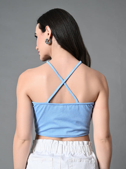 Women's Blue Ribbed Solid Casual Top
