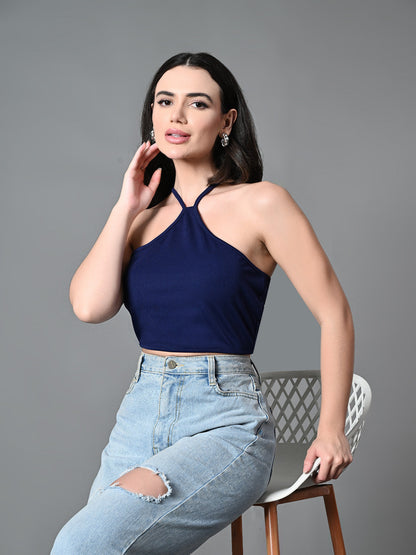 Women's Navy Blue Ribbed Solid Casual Top