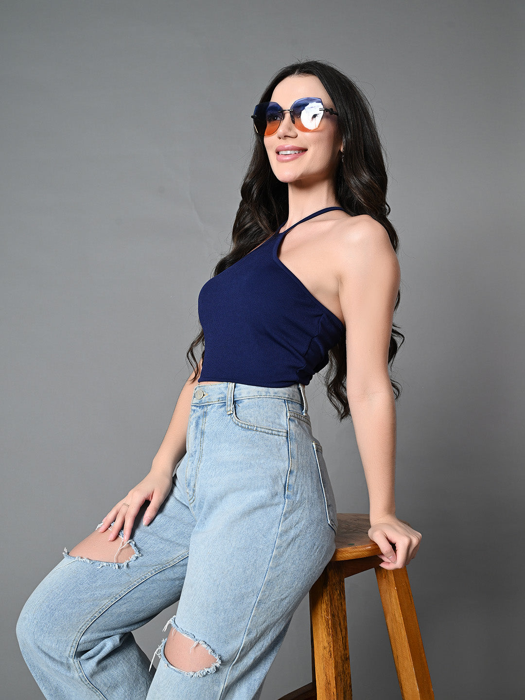 Women's Navy Blue Ribbed Solid Casual Top
