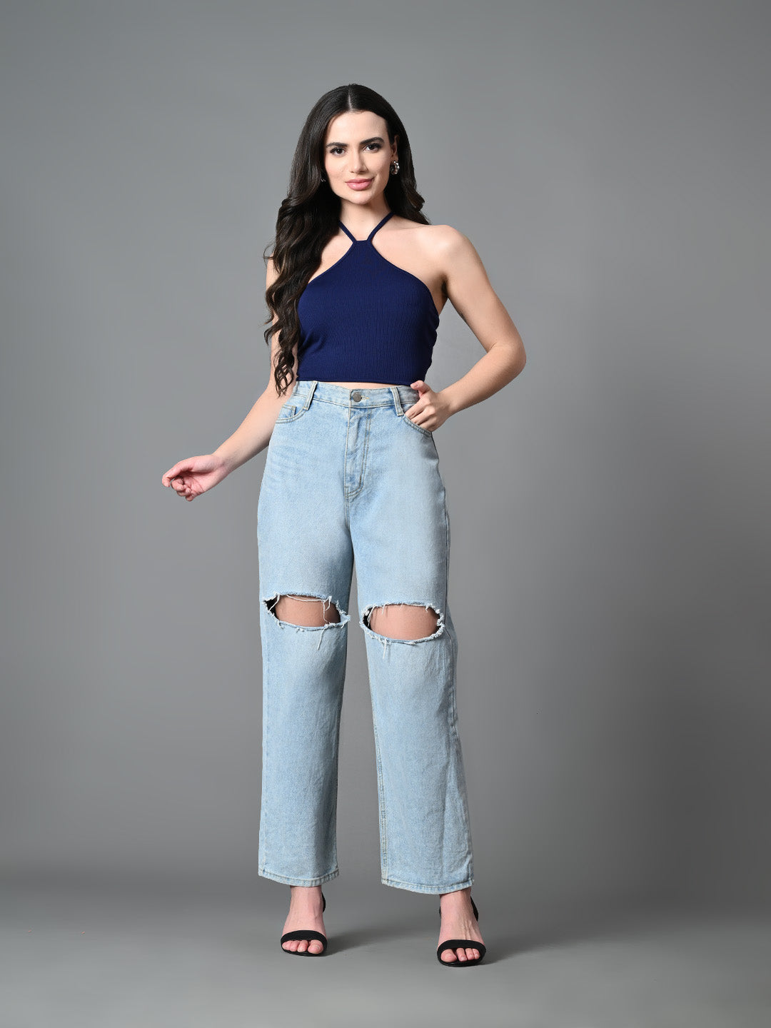 Women's Navy Blue Ribbed Solid Casual Top
