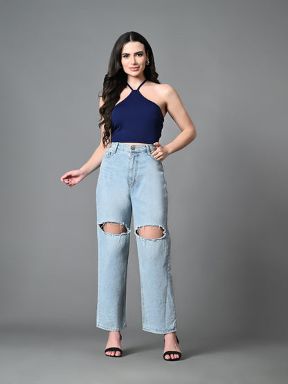 Women's Navy Blue Ribbed Solid Casual Top