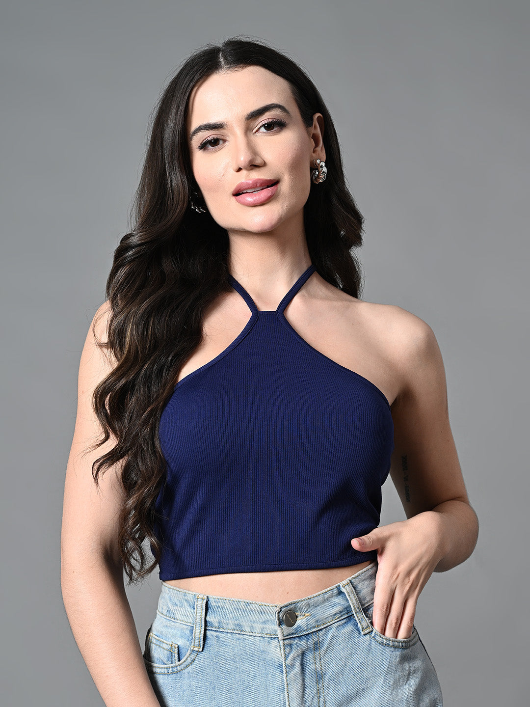 Women's Navy Blue Ribbed Solid Casual Top