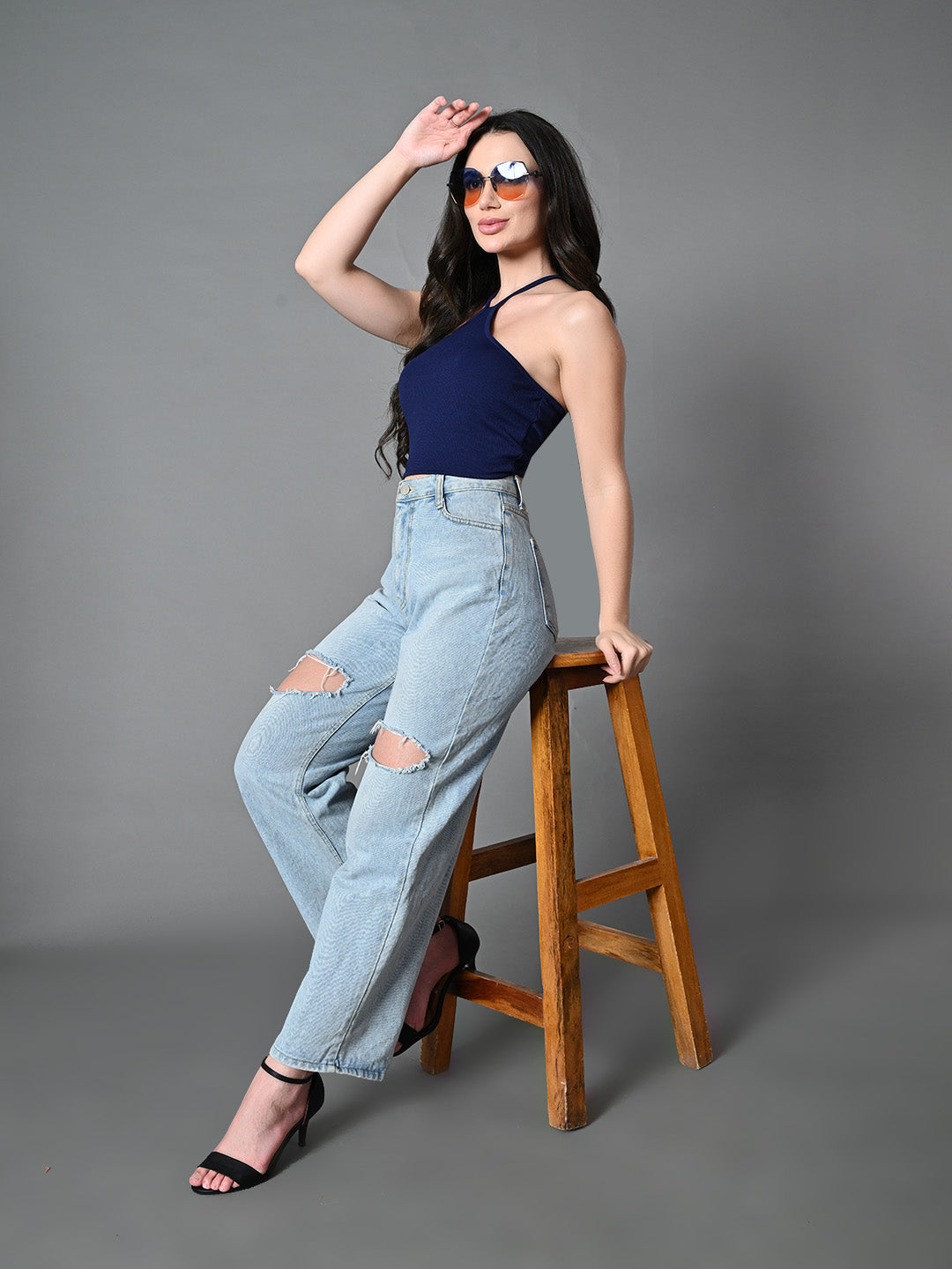 Women's Navy Blue Ribbed Solid Casual Top