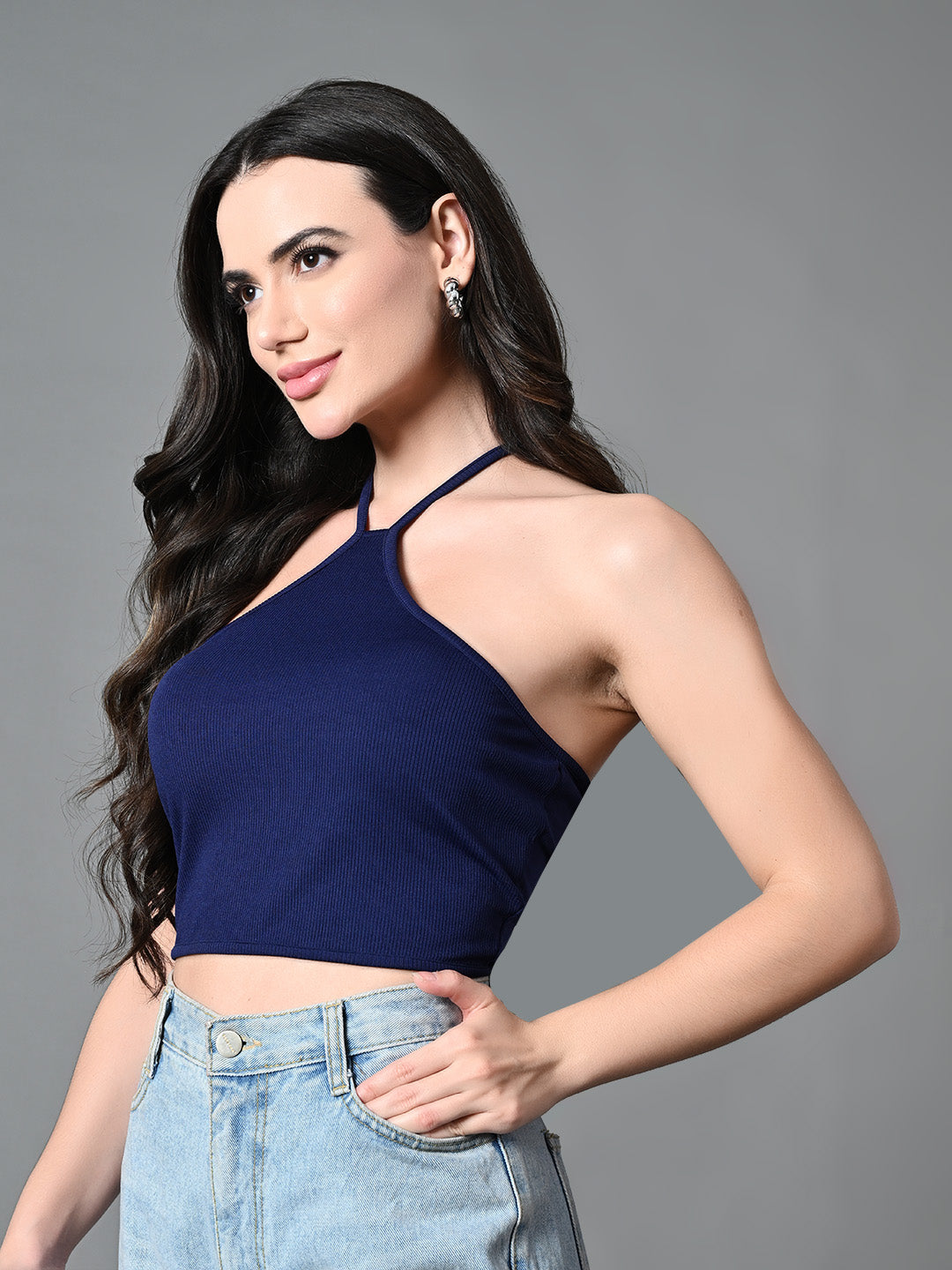Women's Navy Blue Ribbed Solid Casual Top