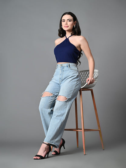 Women's Navy Blue Ribbed Solid Casual Top