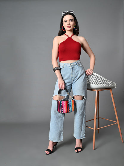 Women's Maroon Ribbed Solid Casual Top