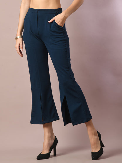 Women's  Blue Solid Party Parallel Trousers