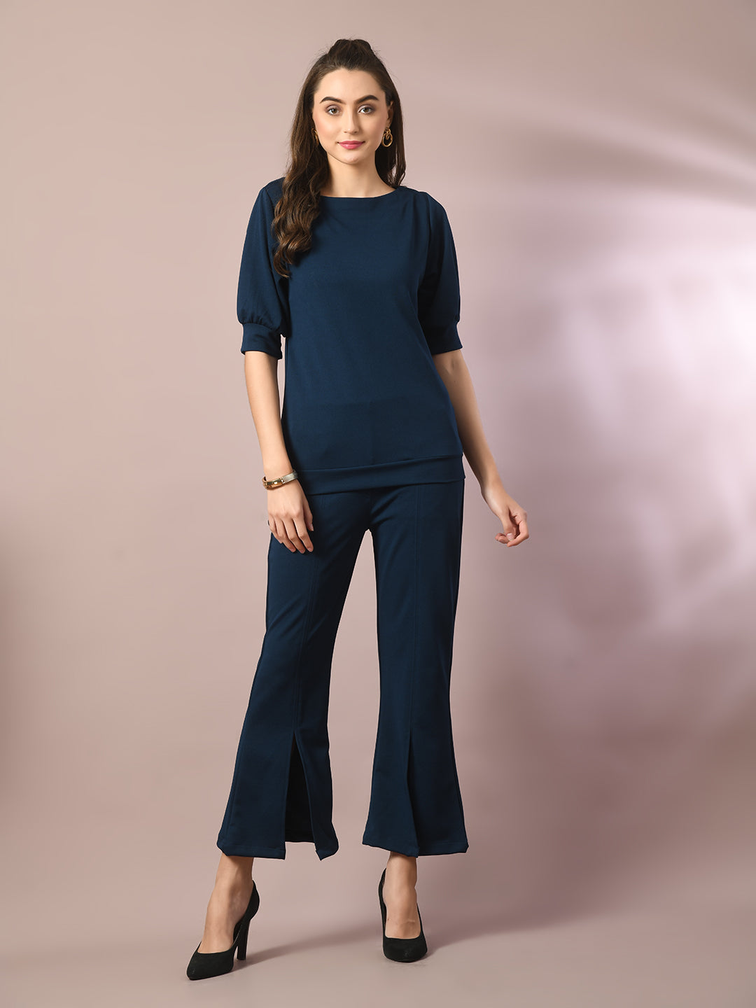 Women's  Blue Solid Party Parallel Trousers