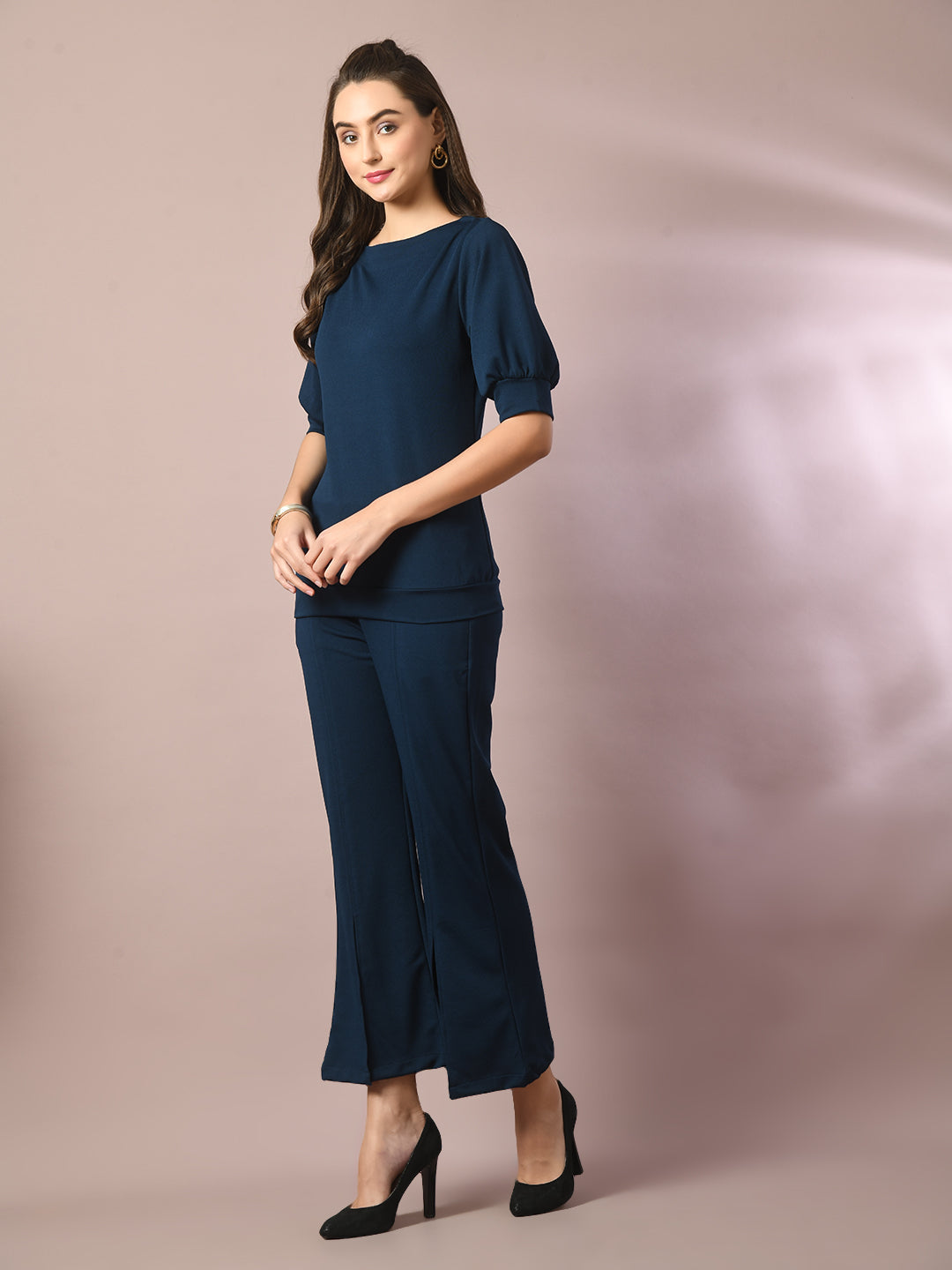 Women's  Blue Solid Party Parallel Trousers