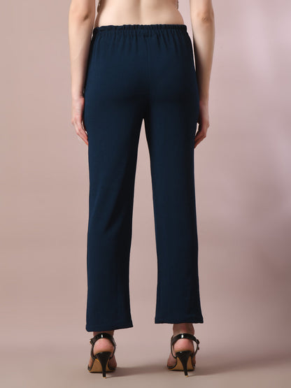Women's Navy Blue Solid Party Straight Trousers