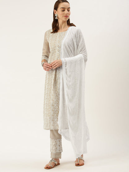 Women's Chiku Color Chanderi Silk Straight Embroidered Kurta Pant With Dupatta