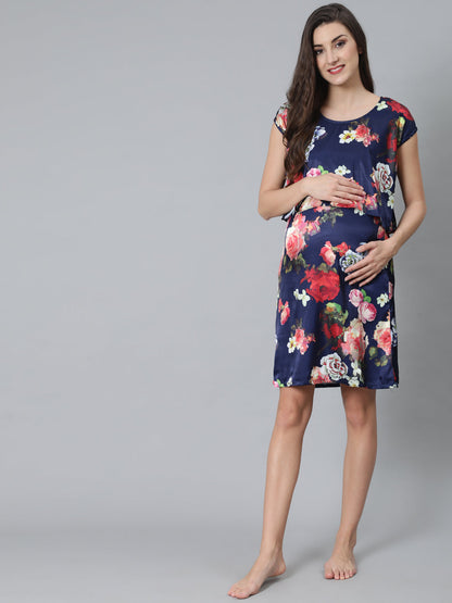 Women's Blue Floral Print Maternity Shift Dress