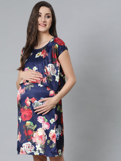 Women's Blue Floral Print Maternity Shift Dress