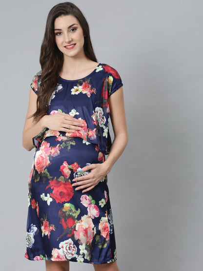 Women's Blue Floral Print Maternity Shift Dress
