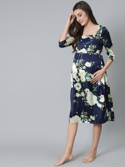 Women's Navy Blue Floral Print Maternity Dress