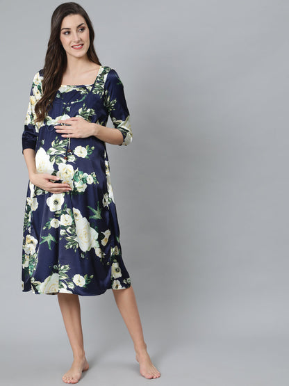 Women's Navy Blue Floral Print Maternity Dress