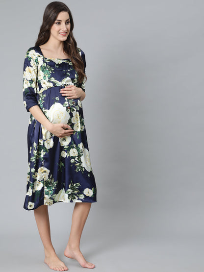 Women's Navy Blue Floral Print Maternity Dress