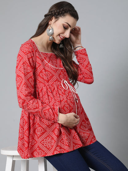 Women's Red Bandhani Print Maternity Tunic