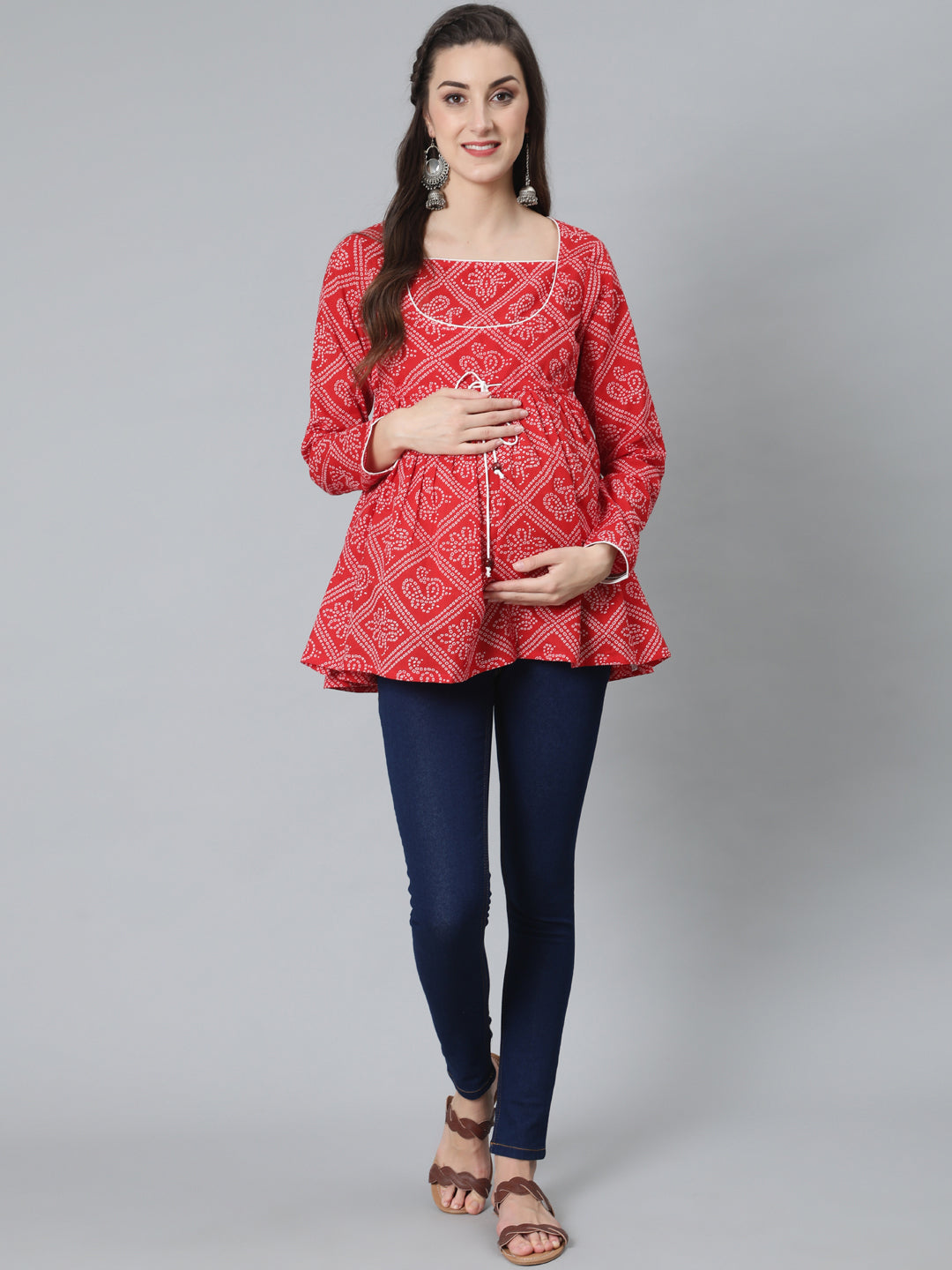 Women's Red Bandhani Print Maternity Tunic