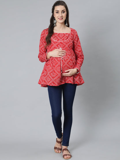 Women's Red Bandhani Print Maternity Tunic