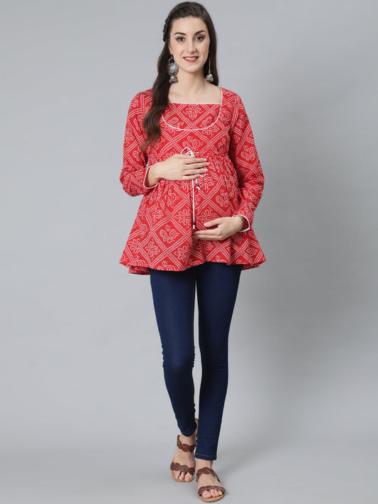 Women's Red Bandhani Print Maternity Tunic