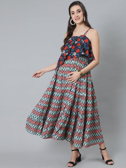 Women's Blue Printed Maxi Dress With Cape Top