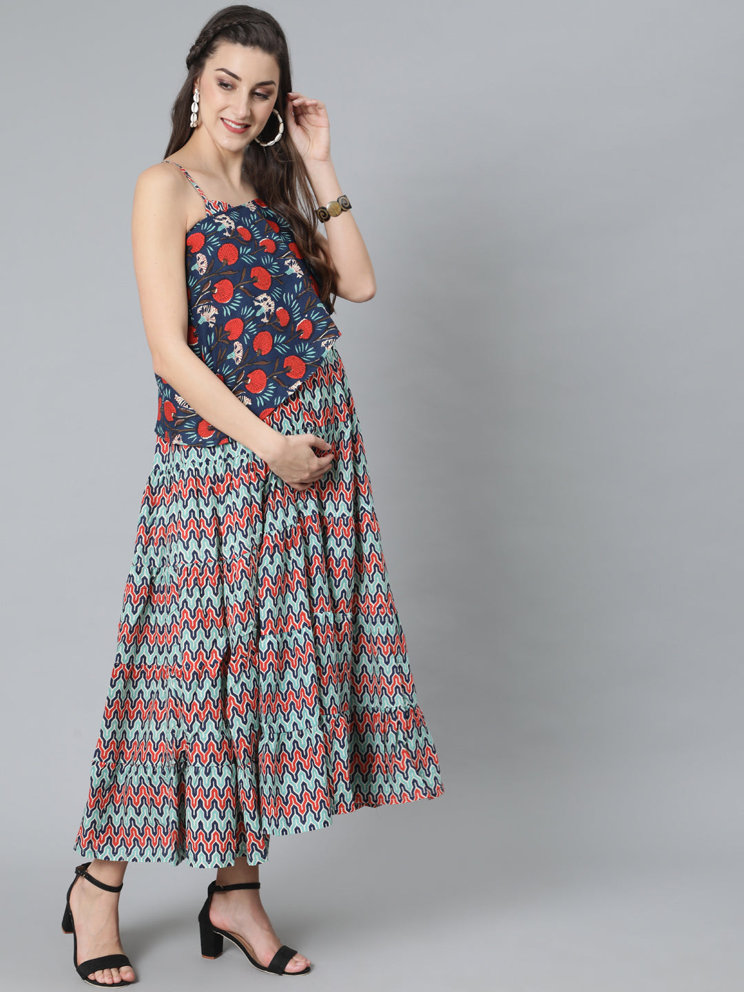 Women's Blue Printed Maxi Dress With Cape Top