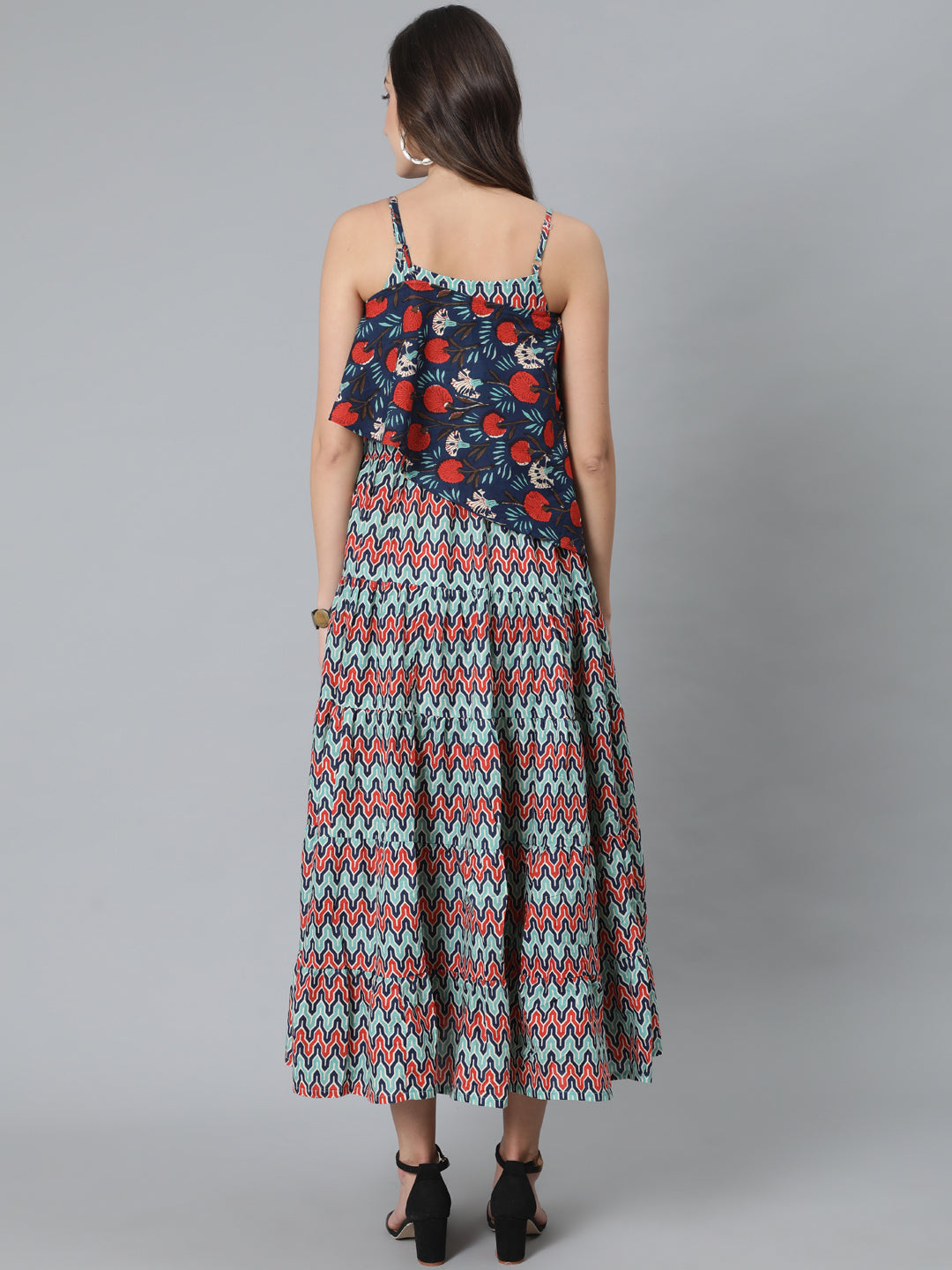 Women's Blue Printed Maxi Dress With Cape Top