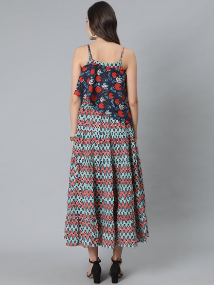 Women's Blue Printed Maxi Dress With Cape Top